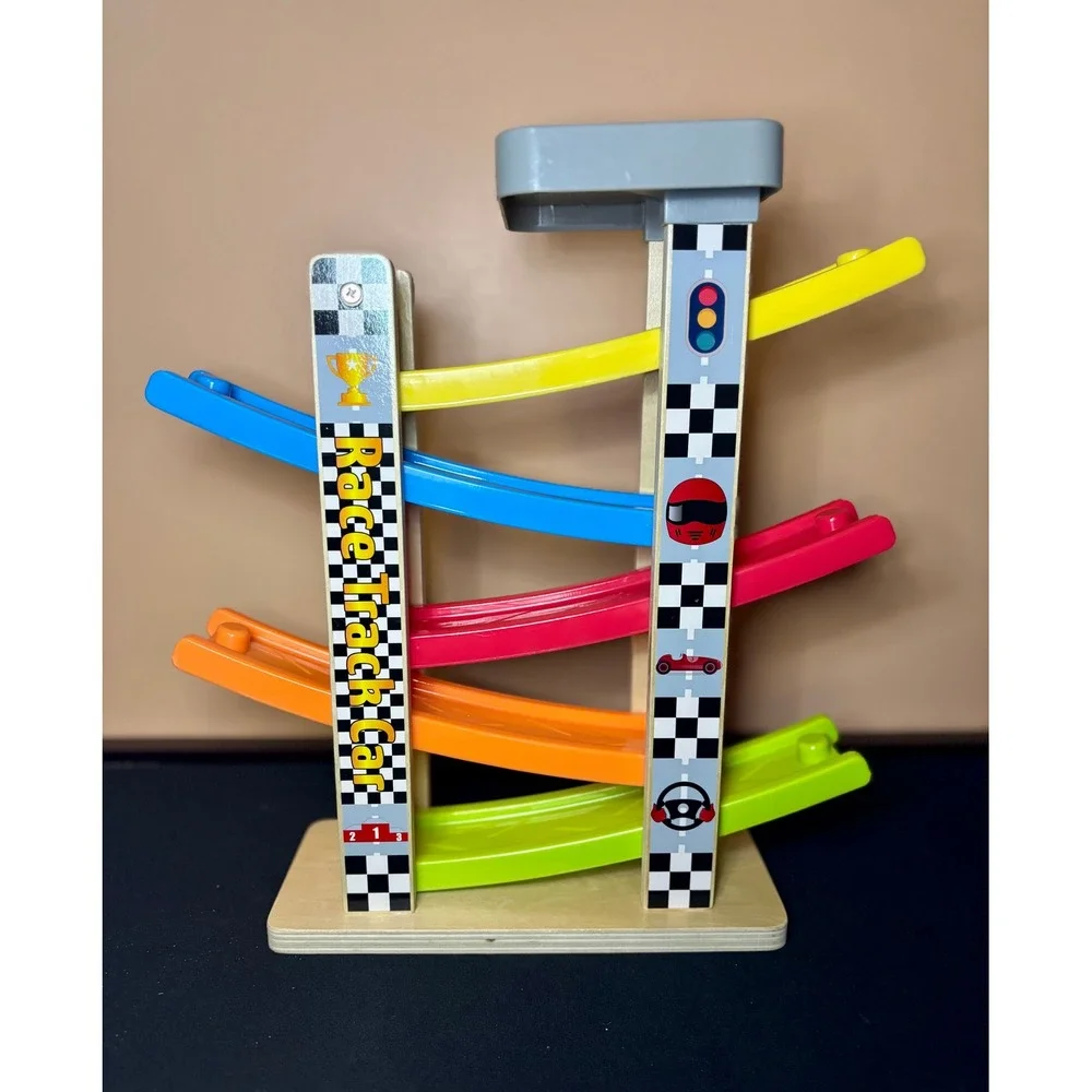 Belleur Wooden Race Track Car Ramp Toy Zig Zag Glider Cars Montessori